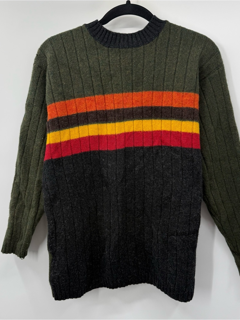 Men's Olive & Black Crewneck Sweater with Multi-Color Chest Stripes